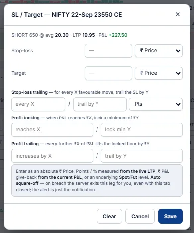 Leg SL / Target dialog